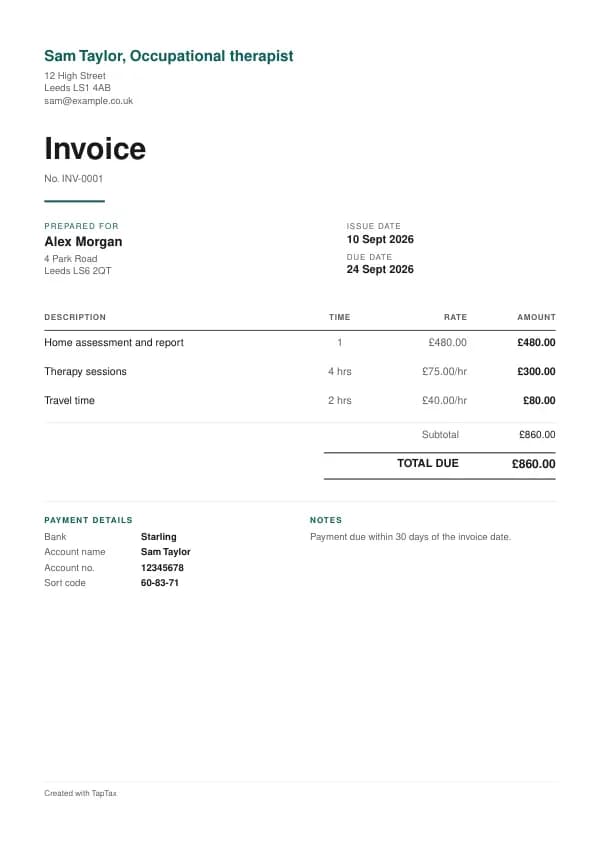 A filled-in example of the occupational therapist invoice template