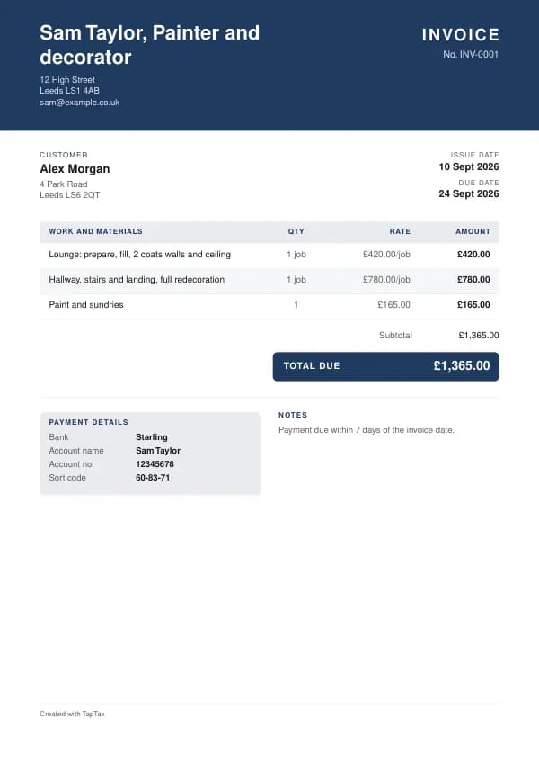 A filled-in example of the painter and decorator invoice template
