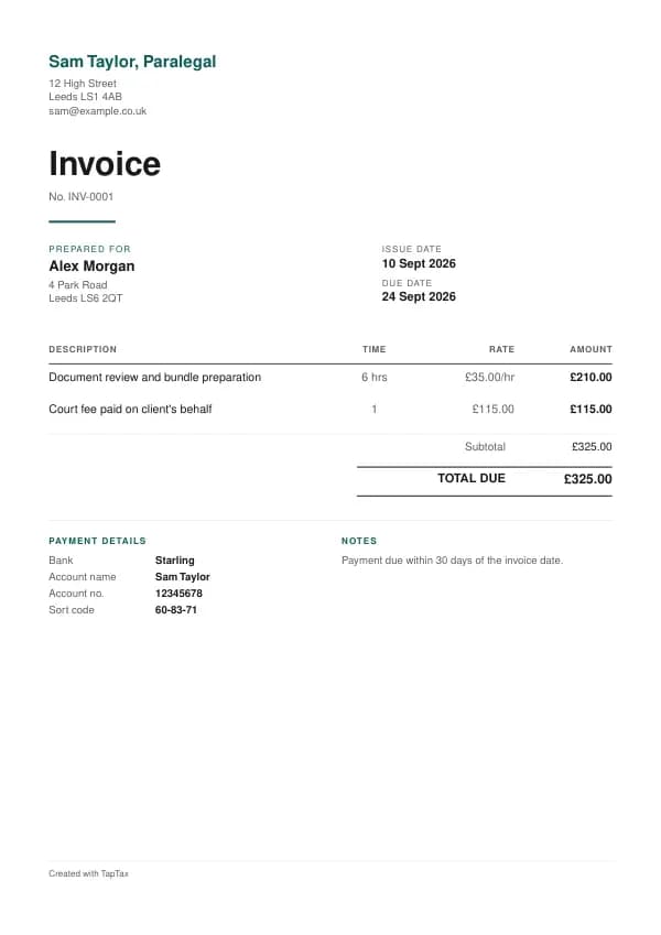A filled-in example of the paralegal invoice template