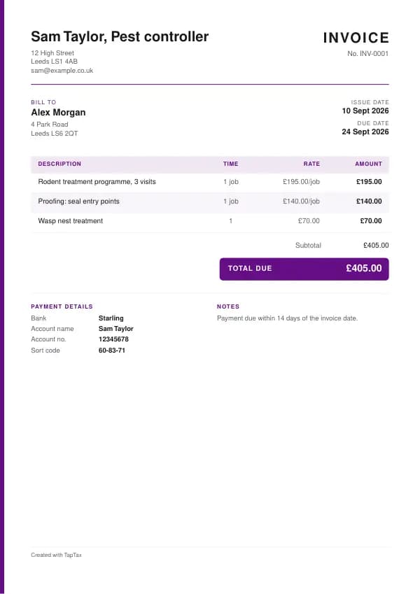 A filled-in example of the pest controller invoice template