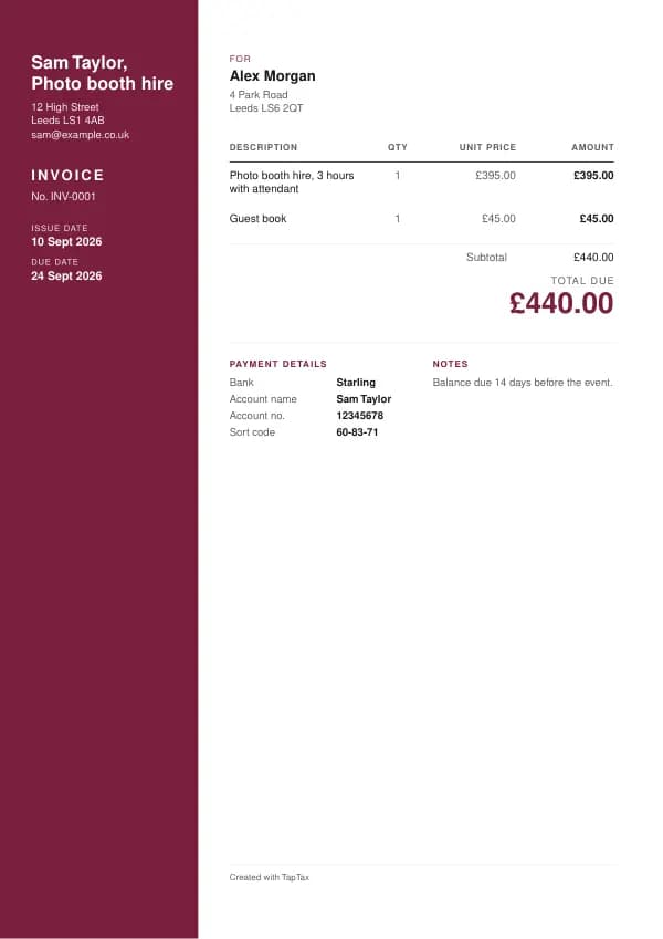 A filled-in example of the photo booth hire invoice template