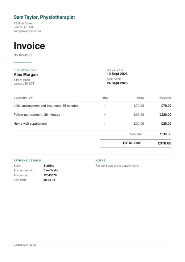 A filled-in example of the physiotherapist invoice template