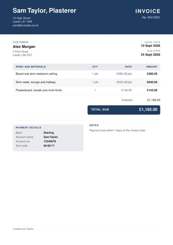 A filled-in example of the plasterer invoice template