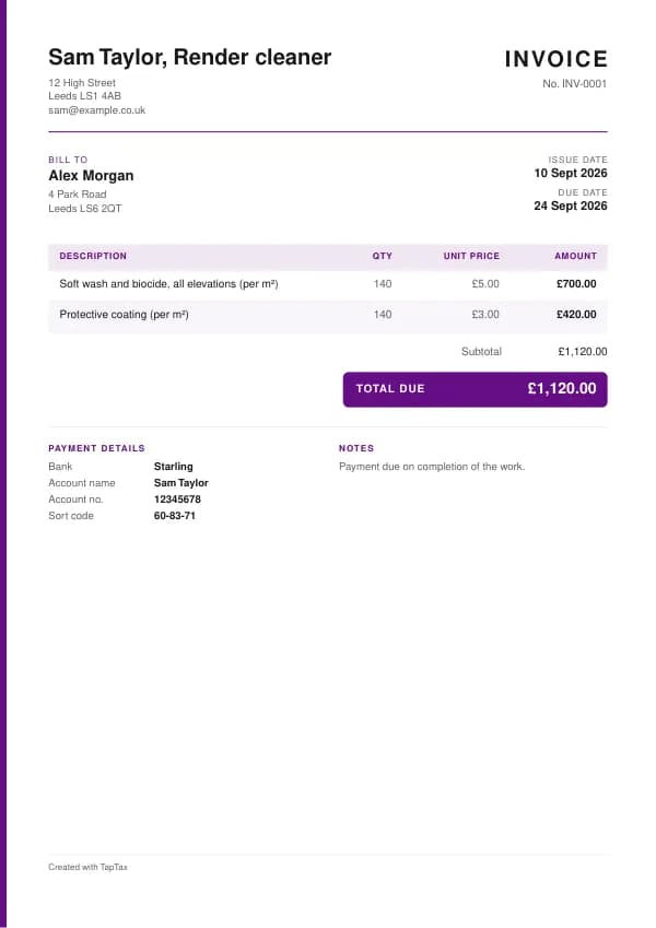A filled-in example of the render cleaner invoice template