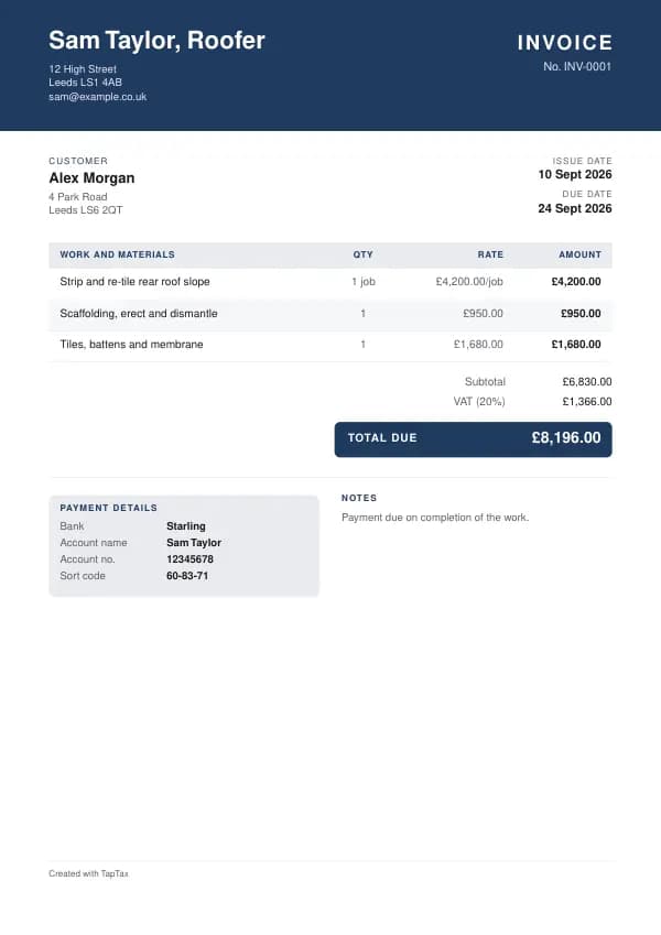 A filled-in example of the roofer invoice template