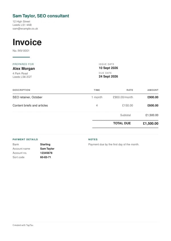 A filled-in example of the SEO consultant invoice template