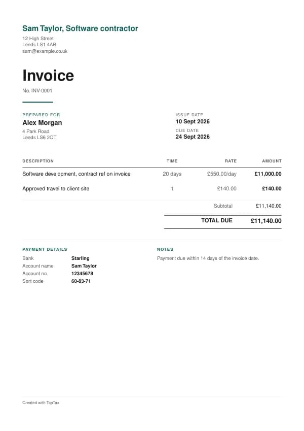 A filled-in example of the software contractor invoice template