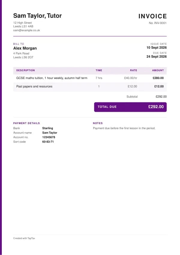 A filled-in example of the tutor invoice template