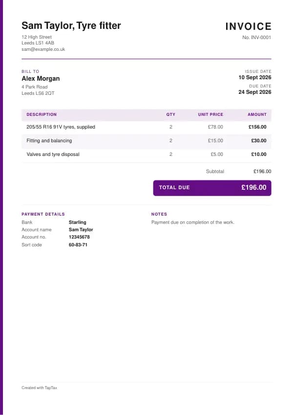 A filled-in example of the tyre fitter invoice template