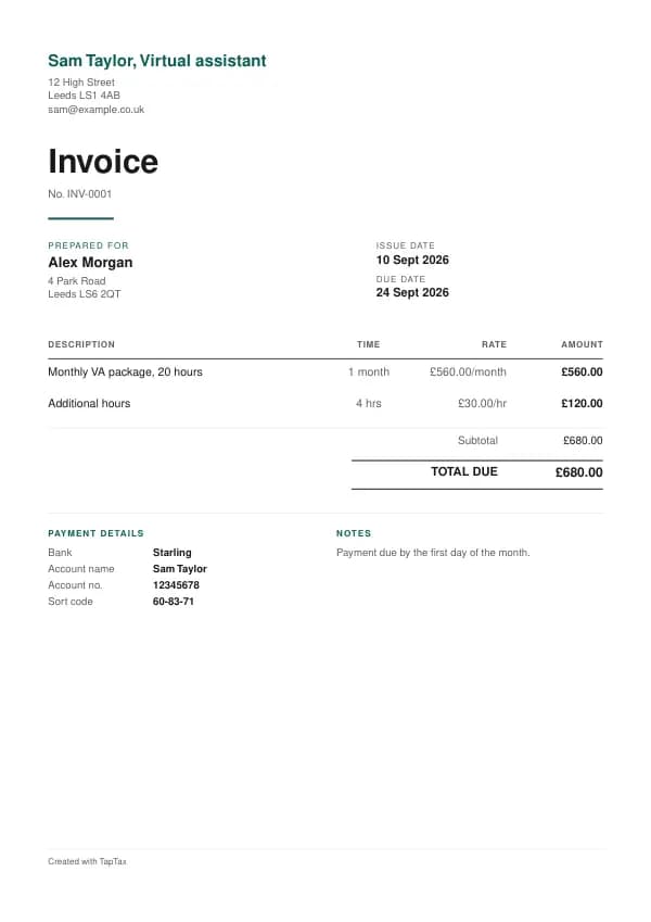 A filled-in example of the virtual assistant invoice template