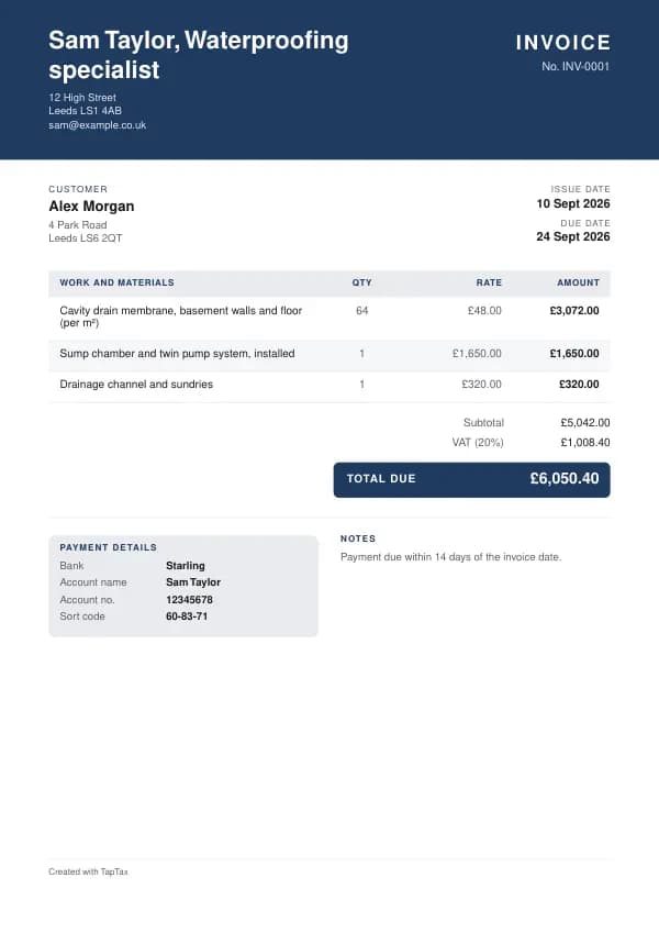 A filled-in example of the waterproofing specialist invoice template