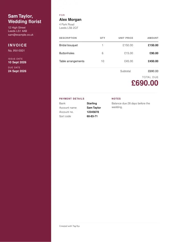 A filled-in example of the wedding florist invoice template