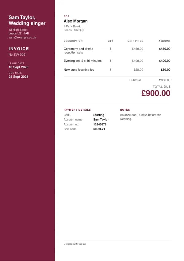 A filled-in example of the wedding singer invoice template