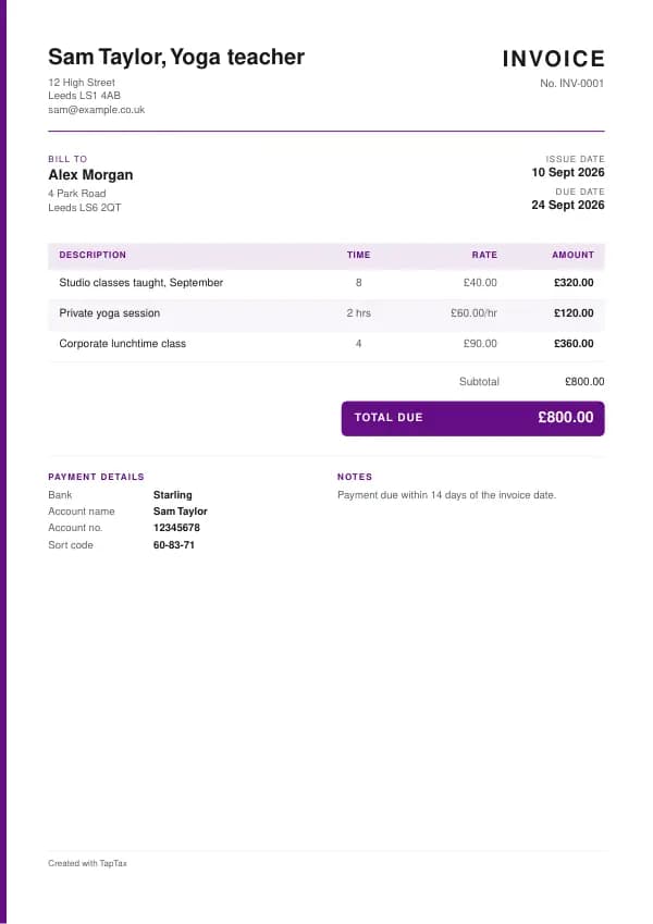 A filled-in example of the yoga teacher invoice template