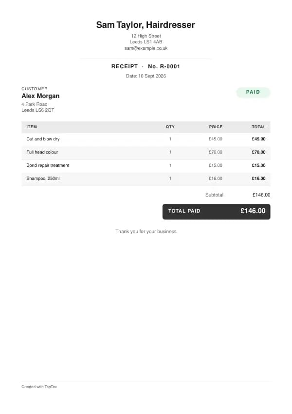 A filled-in example of the hairdresser receipt template