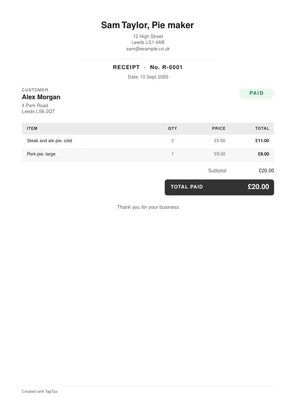 A filled-in example of the pie maker receipt template
