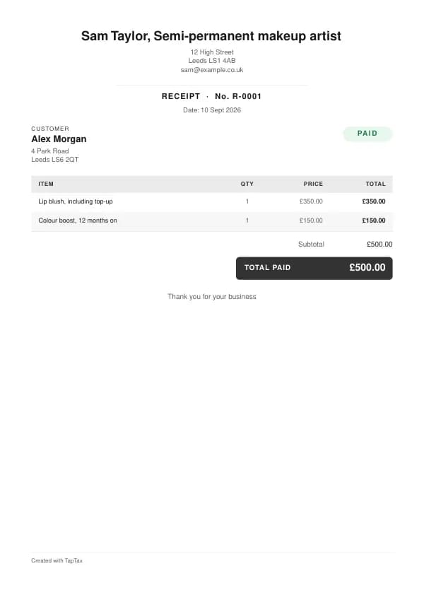 A filled-in example of the semi-permanent makeup artist receipt template