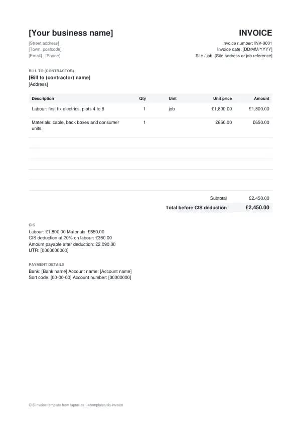 The CIS invoice template