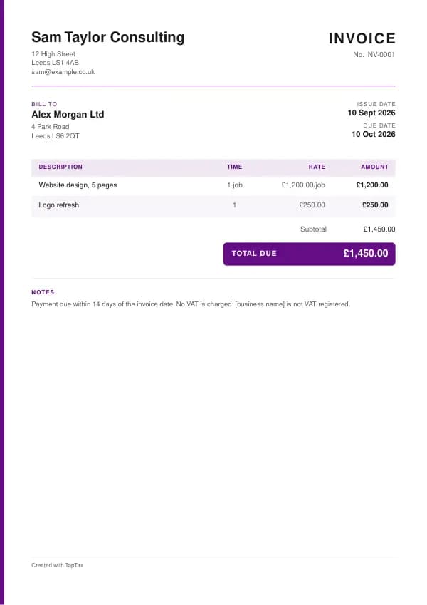 The invoice without VAT template