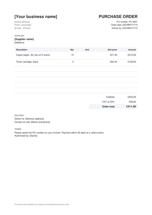 The purchase order template