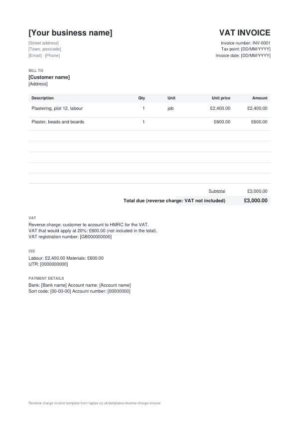 The reverse charge invoice template