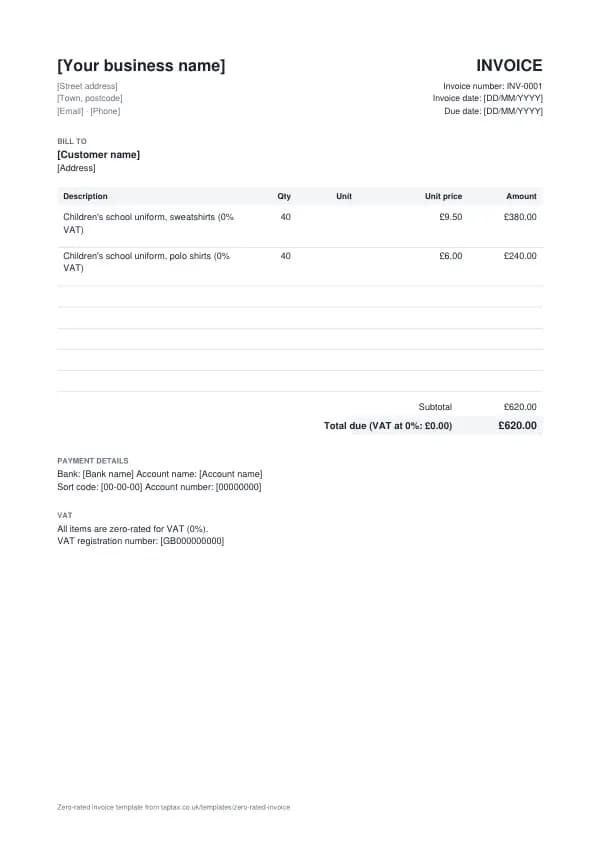 The zero-rated invoice template
