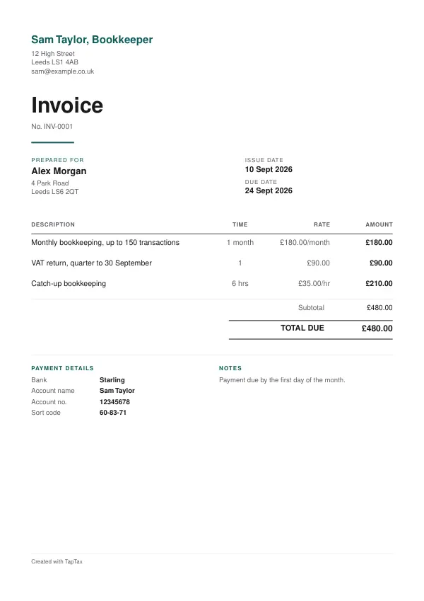 A filled-in example of the bookkeeper invoice template