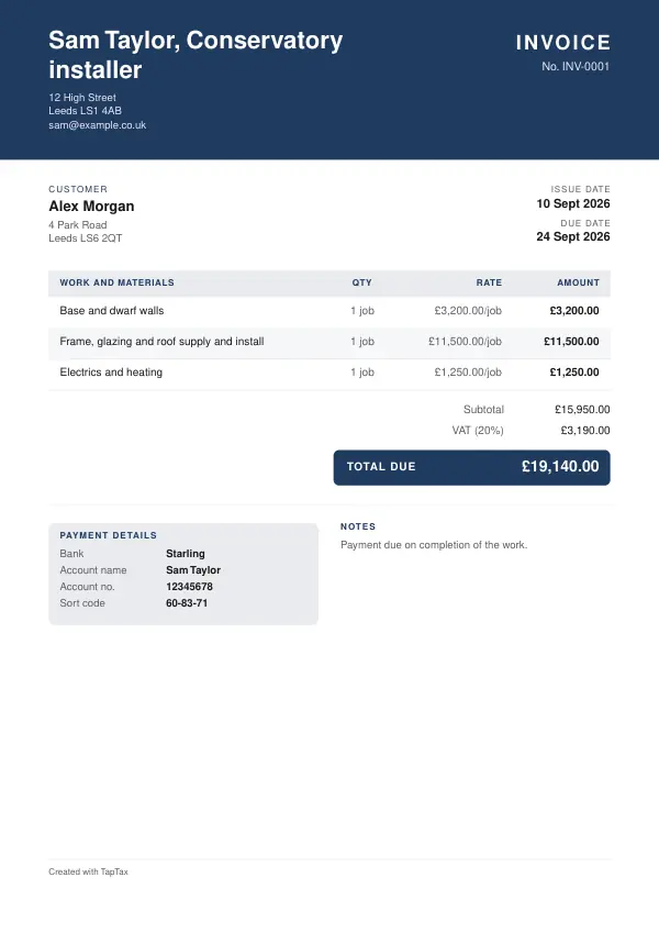 A filled-in example of the conservatory installer invoice template
