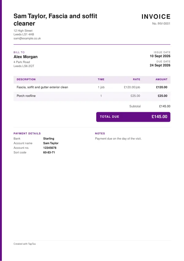 A filled-in example of the fascia and soffit cleaner invoice template