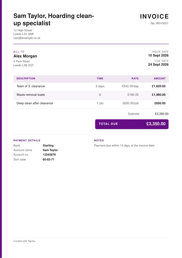 A filled-in example of the hoarding clean-up specialist invoice template