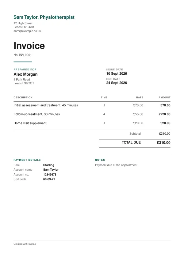A filled-in example of the physiotherapist invoice template