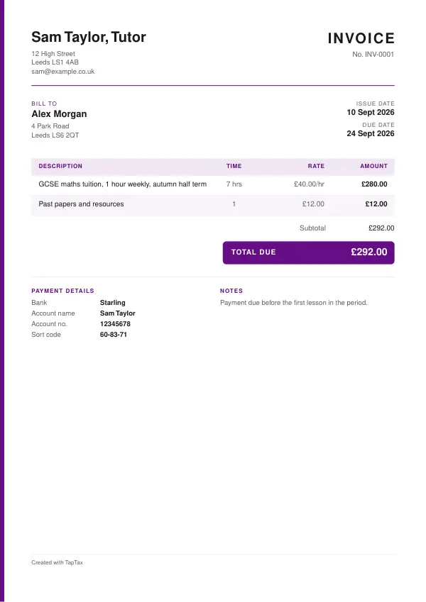 A filled-in example of the tutor invoice template