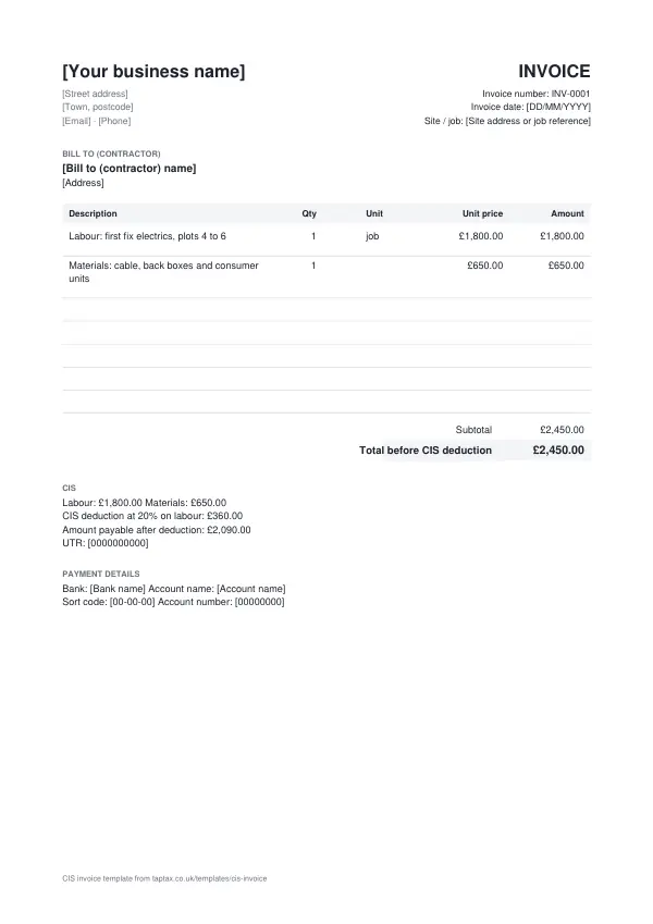 The CIS invoice template