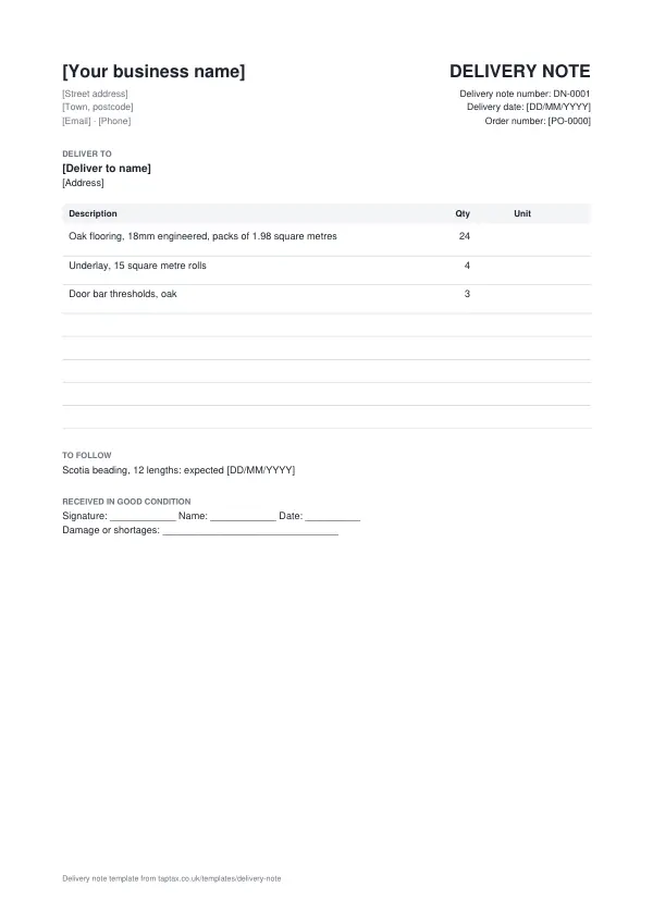 The delivery note template