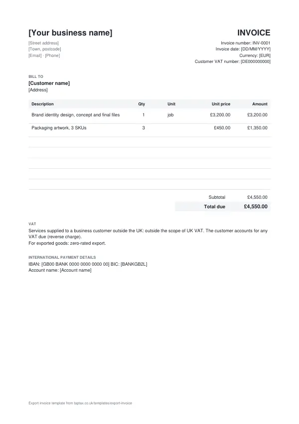 The export invoice template