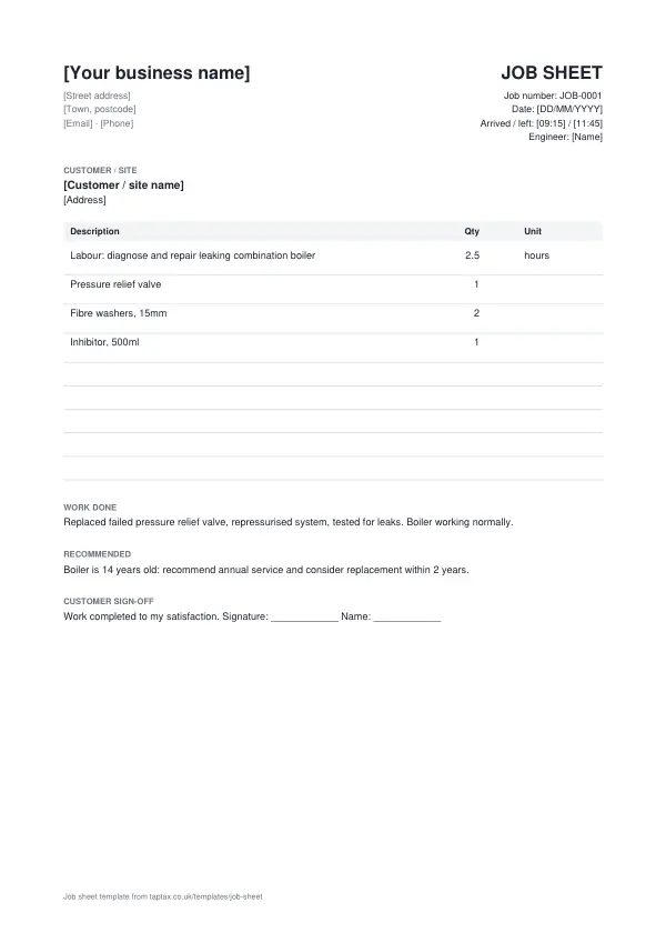The job sheet template