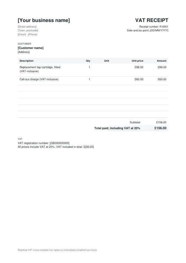 The simplified VAT invoice template